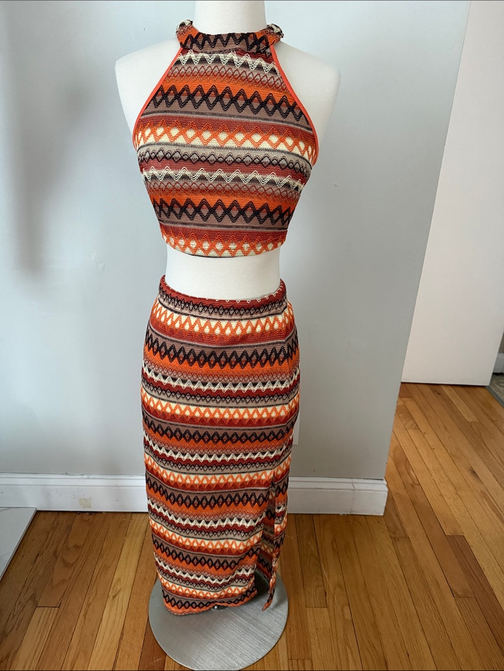 SHEIN Boho Geometric Knit Crop Top Maxi Skirt Set S